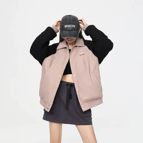 美式复古拼接插肩袖棉服女冬季夹棉棒球服外套2023年新款宽松棉衣商品大图
