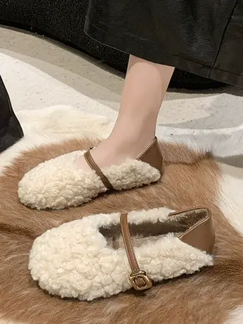 网红羊羔毛毛鞋子女外穿2023秋冬新款平底豆豆鞋高级感配裙子棉鞋商品大图