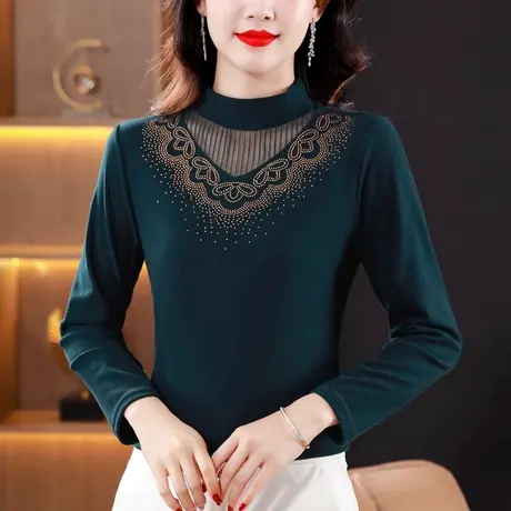 德绒保暖内衣女加绒加厚秋冬季半高领打底衫大码内搭妈妈蕾丝上衣图片
