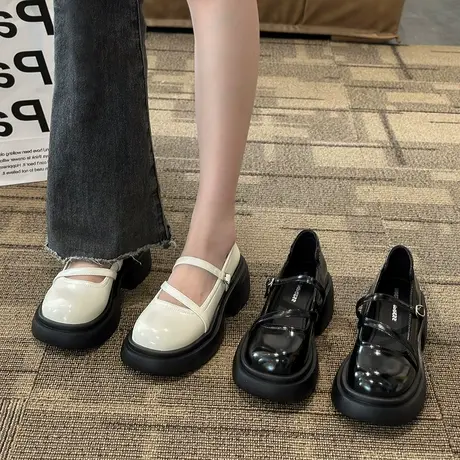 仙女风配裙子玛丽珍小皮鞋女厚底2023新款粗高跟百搭增高乐福单鞋商品大图