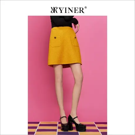 YINER音儿女装秋季高腰a字裙小香风粗花呢半身裙图片