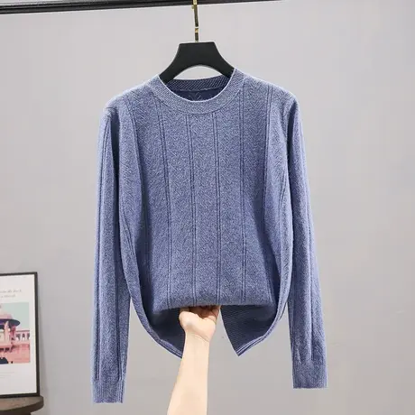 2023春秋新款韩版宽松圆领长袖纯色针织衫女士百搭打底衫镂空毛衣商品大图