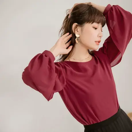 桔熊春秋季通勤气质花苞长袖雪纺衫修身柔软上衣女装大码AB13597图片