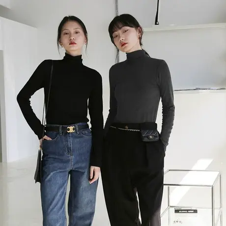 2023秋冬季新款白色内搭加绒德绒洋气半高领打底衫长袖t恤女上衣商品大图