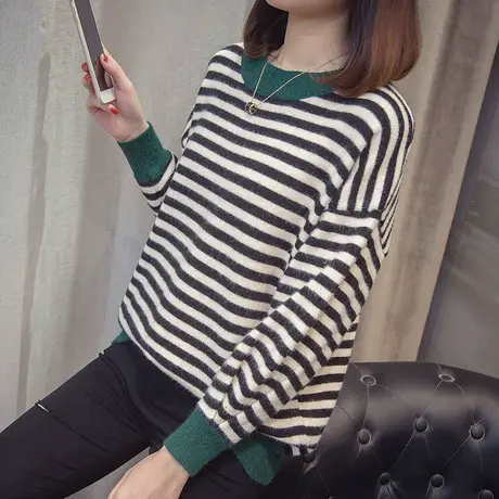 圆领条纹拼色针织上衣秋冬女装新款韩版慵懒风宽松内搭短毛衣商品大图