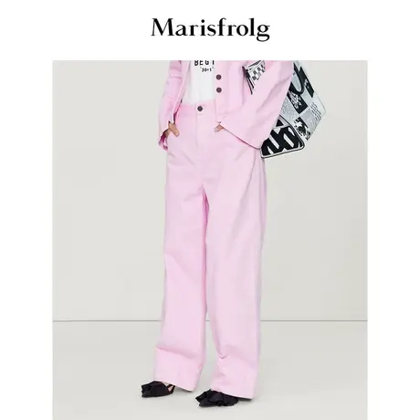 #多巴胺穿搭# 玛丝菲尔23春装新款粉色高腰显瘦a字纯棉阔腿裤商品大图