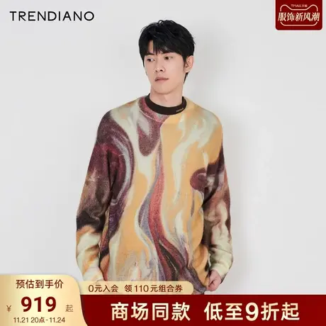 TRENDIANO数字艺术联名系列绵羊毛印花圆领宽松毛织2023新款冬季商品大图