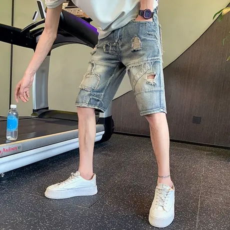 美式休闲复古潮男破洞猫须牛仔短裤直筒痞帅夏天男五分裤学生中裤商品大图