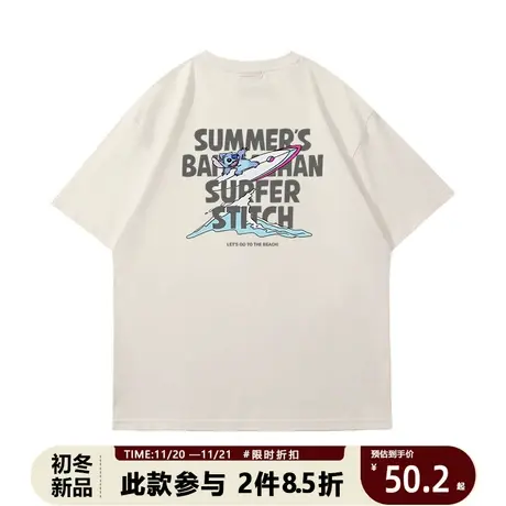 欧美嘻哈街头风男生短袖t恤女卡通印花史迪仔国潮百搭宽松纯棉tee图片