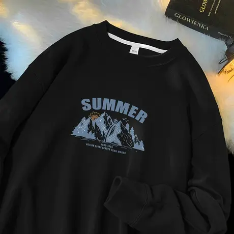 350g重磅卫衣男生秋冬款潮牌潮流黑色长袖t恤印花无帽圆领上衣服商品大图