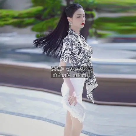 VJE夏季气质女士欧美印花衬衫新品褶皱收腰显瘦漂亮短袖上衣商品大图