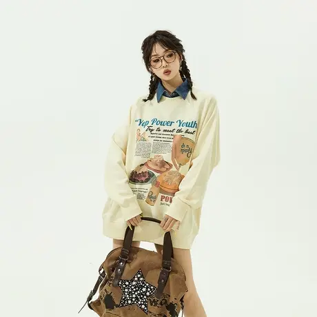 YEP圆领美式卫衣女春秋2024新款爆款慵懒风无帽宽松oversize外套商品大图