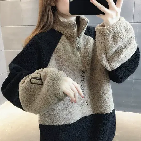 羊羔绒卫衣2023秋冬新款加绒加厚宽松立领高领字母减龄撞色女上衣图片