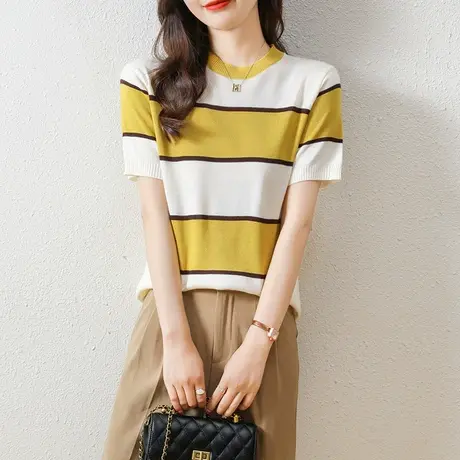 夏季女士宽松条纹薄款上衣短袖打底针织衫韩版新款简约百搭T恤商品大图