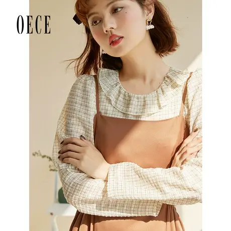 Oece法式设计感衬衫春秋新款女装气质衬衣长袖格子上衣商品大图