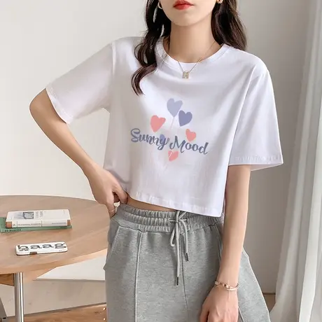 纯棉短袖T恤女2023年夏季新款设计感小众辣妹高腰短款露脐上衣潮商品大图