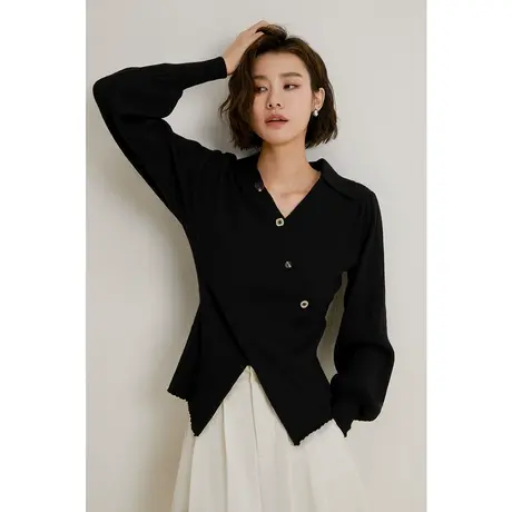 弥古法式黑色毛衣女秋冬灯笼袖polo领针织衫收腰内搭交叉打底上衣商品大图