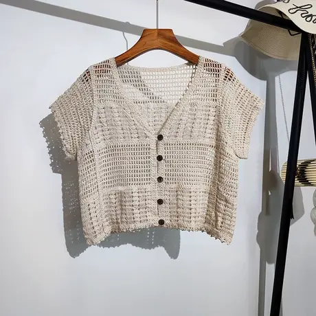 钩花镂空短袖针织开衫女夏季新款韩版设计感小众吊带裙子外搭上衣商品大图