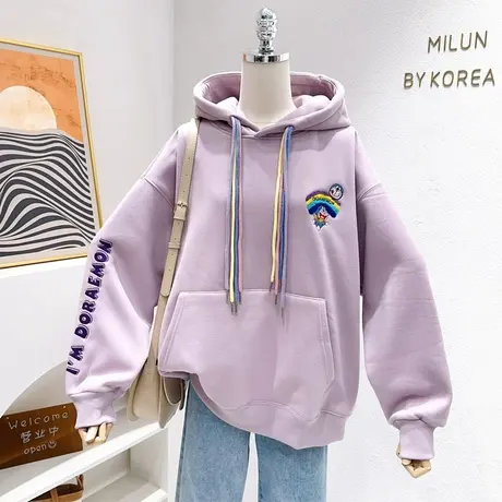 ins设计感摇粒绒上衣~秋冬刺绣独特个性洋气连帽加绒卫衣宽松休闲商品大图