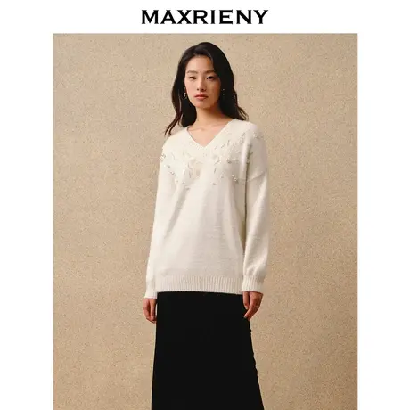 [买4免1]MAXRIENY浪漫甜美风花边刺绣钉珠毛衫冬季v领廓形上衣商品大图