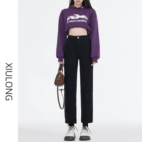 黑色高腰直筒牛仔裤女春秋季2023年新款显瘦修身小个子九分烟管裤图片