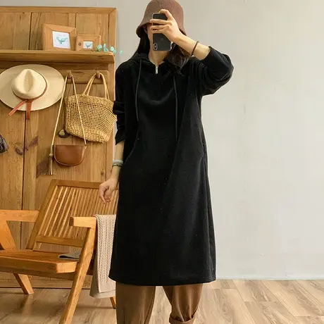 dza 复古连帽中长款加厚加绒卫衣外套女冬季保暖内搭纯色长袖上衣图片