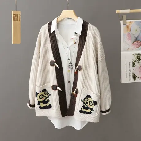 牛角扣毛衣外套女开衫宽松慵懒风秋冬新款加厚中长款外搭针织开衫图片