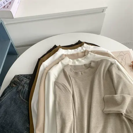 自制性价比立领长袖打底衫女软糯修身弹力气质内搭打底上衣T恤女商品大图