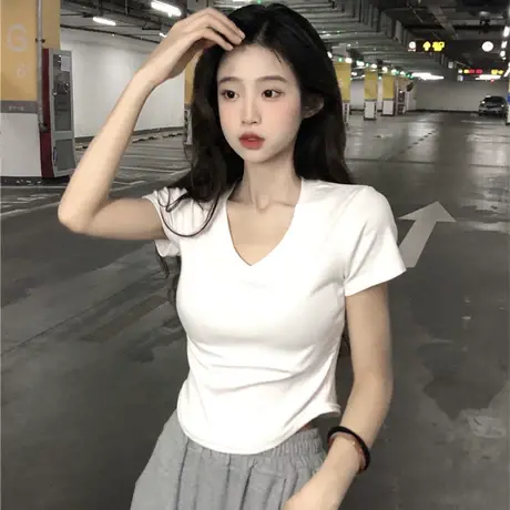 夏设计感小众纯欲辣妹性感显胸v领短袖t恤女别致chic高腰短款上衣图片