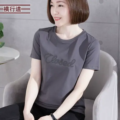 灰色圆领短袖女宽松体恤2025夏季大码字母中年妈妈半袖t恤女上衣商品大图