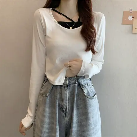 2024新款长袖t恤女春秋宽松假两件独特别致设计感打底衫早秋上衣图片