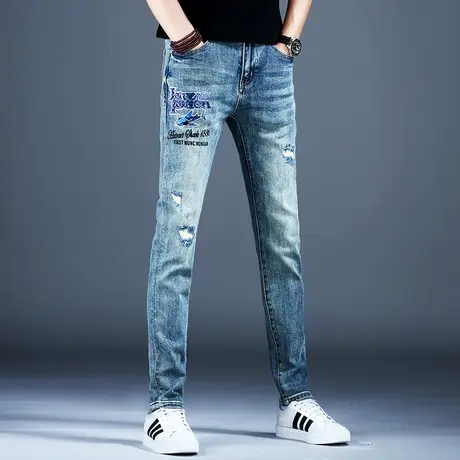 秋冬男士美式高街牛仔裤男时尚修身烫钻破洞小脚裤子新款弹力百搭商品大图