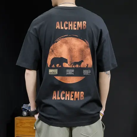 重磅印花短袖t恤男夏季宽松胖子大码ins潮牌加肥加大半袖纯棉体恤商品大图