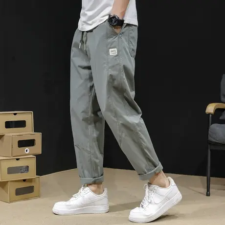 直筒休闲裤男春夏薄款宽松大码松紧腰工装裤子2024新款哈伦九分裤商品大图