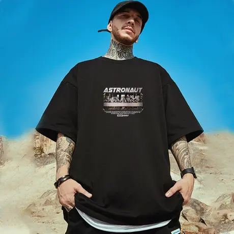 oversize欧美潮牌胖子男装大码国潮简约宽松油画ins短袖体T恤半袖商品大图