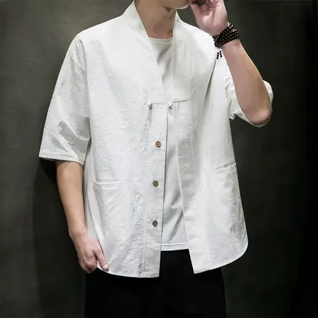 2025夏季新款男短袖衬衫中国风提花棉麻半截袖上衣休闲复古男装潮商品大图