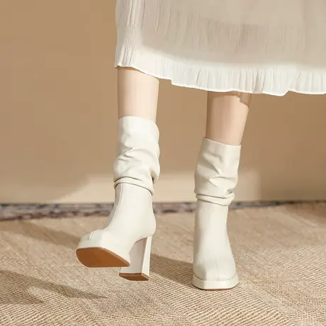 气质方头高跟中跟骑士靴2024秋冬新款褶皱堆堆靴中跟不过膝长筒靴商品大图