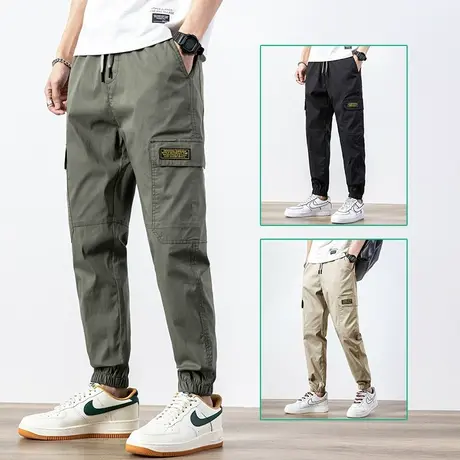 九分军绿色纯棉多口袋工装裤男士束脚宽松休闲裤子夏季轻薄款潮牌商品大图