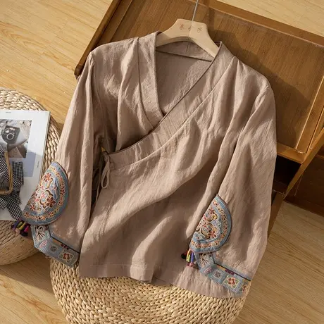 享永子刺绣砂洗亚麻上衣女文艺复古气质宽松上衣茶服2023秋季新款图片