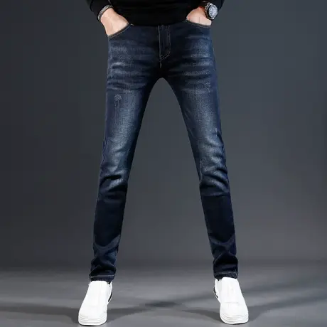 高档深蓝色牛仔裤男秋冬款修身小脚2023新款弹力百搭休闲男士裤子图片