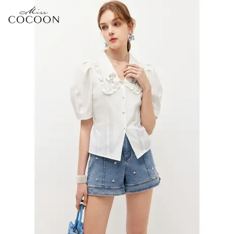 miss COCOON短款上衣2023夏新款女设计感小众刺绣翻领短袖衬衫女图片