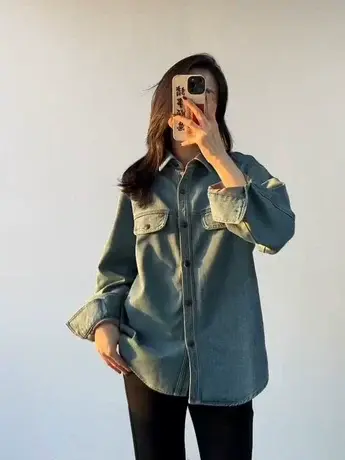 复古水洗翻领加绒加厚牛仔衬衫女秋冬2023新款长袖设计感小众上衣商品大图