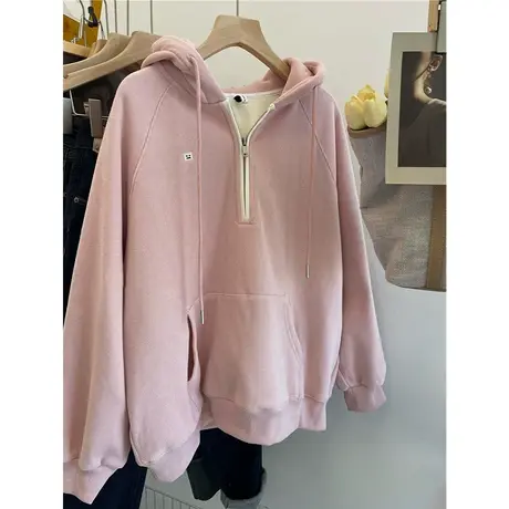 加绒加厚半拉链连帽刺绣卫衣女秋冬美式复古宽松oversize长袖上衣图片
