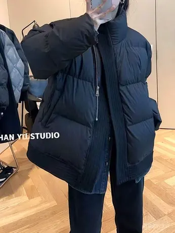 欧货黑色拼接立领羽绒服女冬季2023年新款设计感小个子白鸭绒外套图片