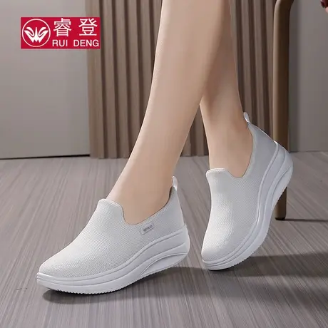睿登浅口摇摇鞋女鞋坡跟厚底网面休闲鞋一脚蹬女士旅游鞋2025夏季图片