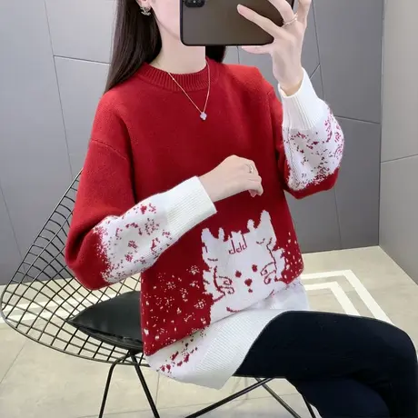 本命年红色毛衣女秋冬季宽松加厚2024新款慵懒风中长款内搭打底衫商品大图