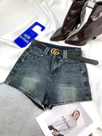 水洗磨白复古牛仔短裤2024春季新款显瘦百搭高腰美式阔腿a字短裤商品大图