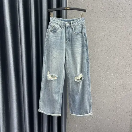 浅蓝色破洞乞丐牛仔裤女24春季新款个性贴布设计感高腰阔腿直筒裤图片