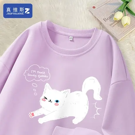 真维斯Z+宽松卫衣女大码宽松上衣春秋女装长袖打底衫紫色衣服春H图片