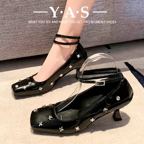 法式金属方头性感小皮鞋一字扣带玛丽珍鞋气质粗高跟单鞋2024年秋商品大图